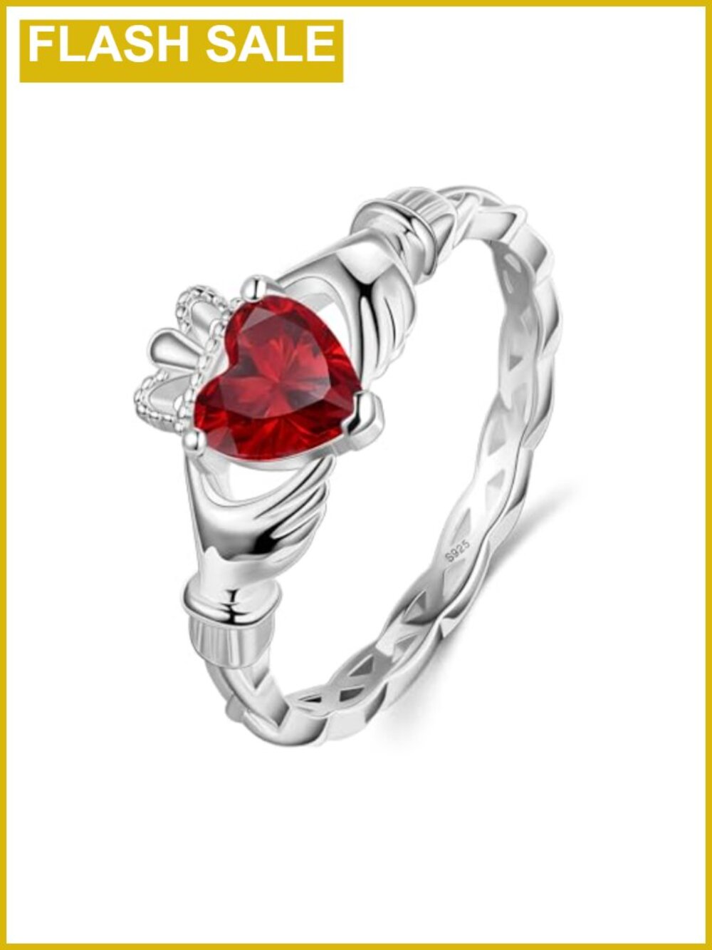 Sterling S925 Silver Claddagh Ring Garnet Heart Solitaire Size 7